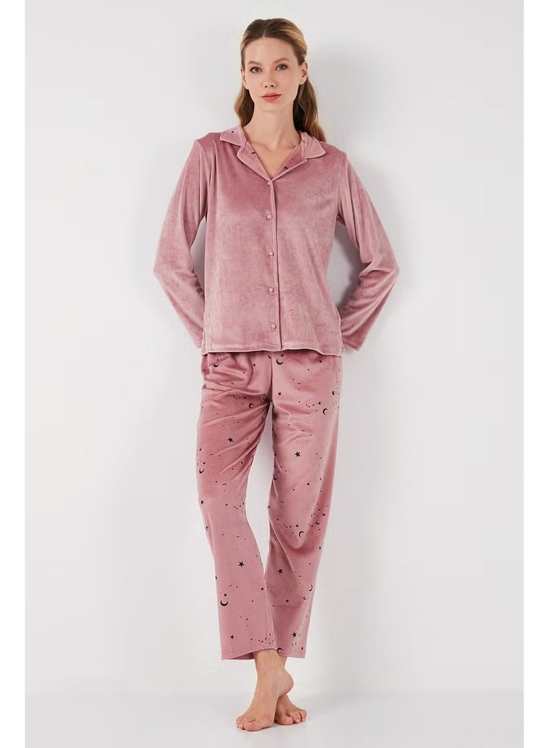 Lela Regular Fit Patterned Shiny Velvet Pajama Set Women's Pajama Set 65713311 - Image 2